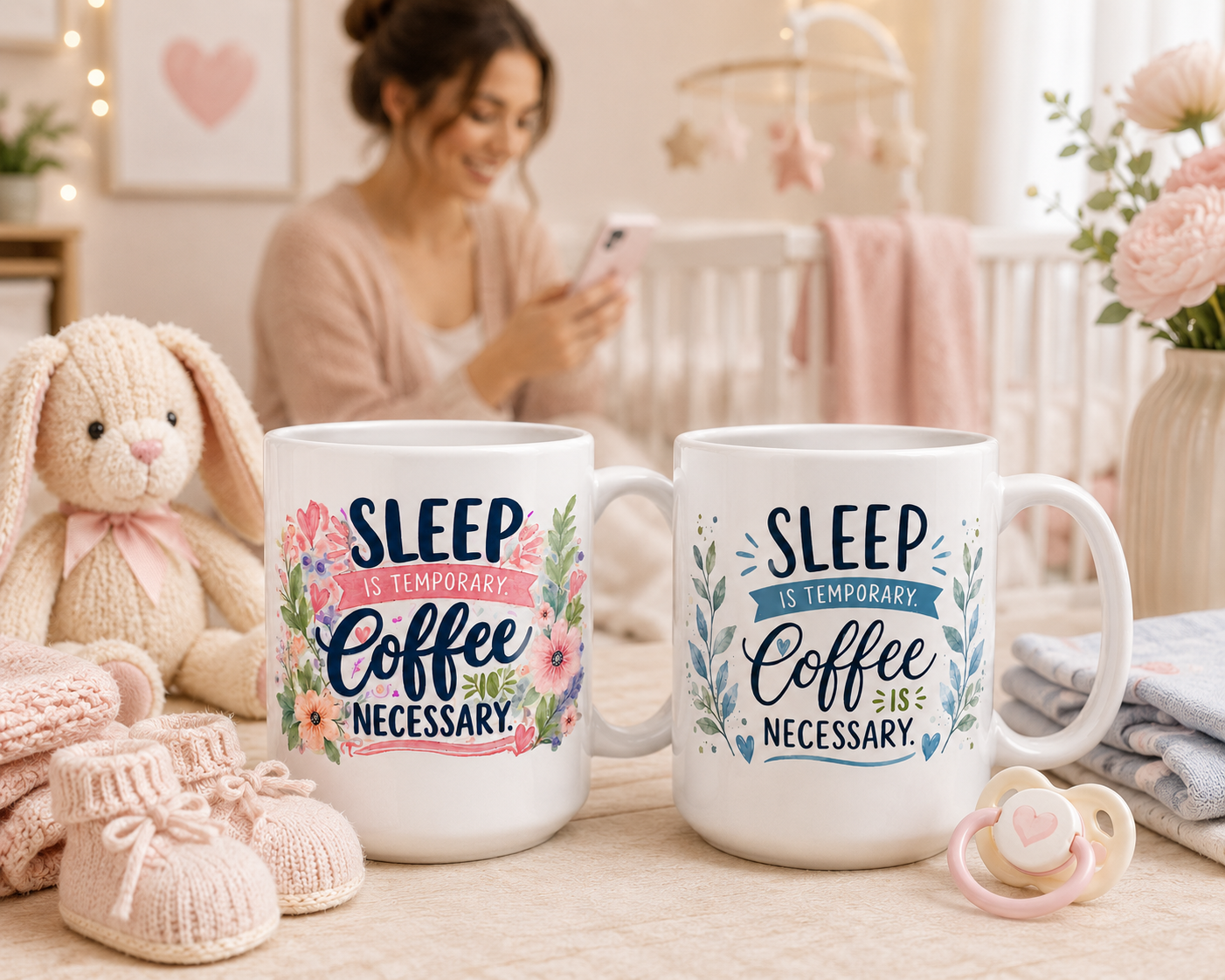 A new mom relaxing with her phone beside two Sleep is Temporary, Coffee is Necessary mugs